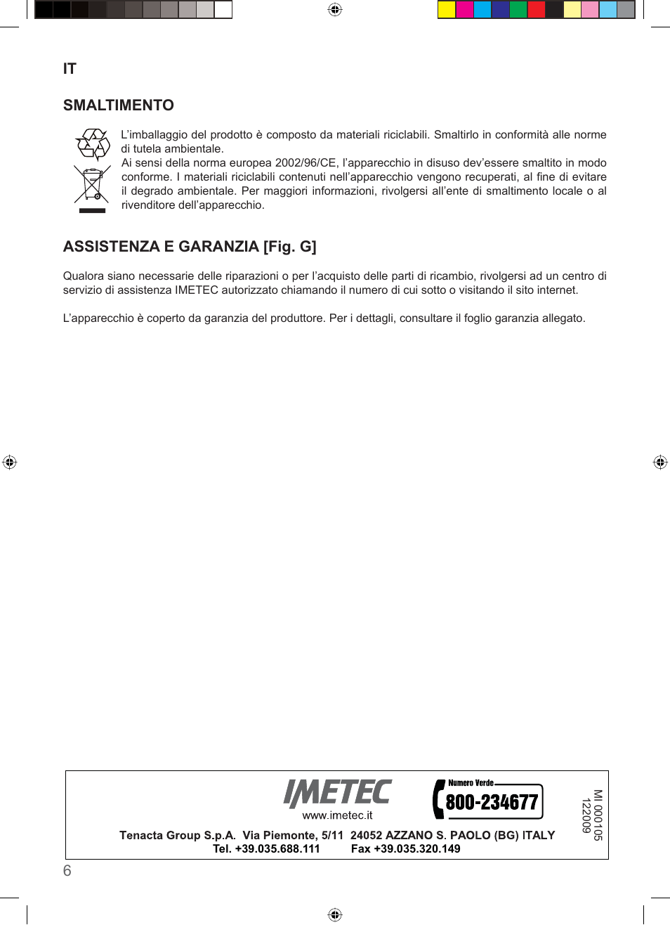 Smaltimento, Assistenza e garanzia [fig. g | Imetec COMPACT SUPERPLATE User Manual | Page 8 / 32