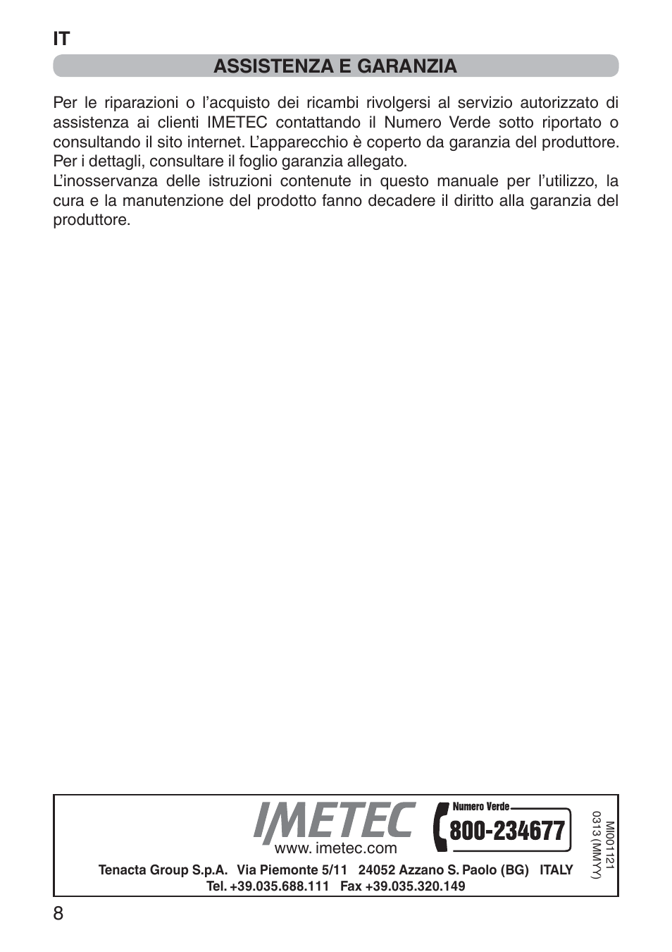 It 8, Assistenza e garanzia | Imetec NUVOLA User Manual | Page 10 / 74