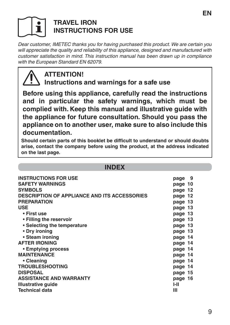 En 9 travel iron instructions for use, Index | Imetec NUVOLA User Manual | Page 11 / 74