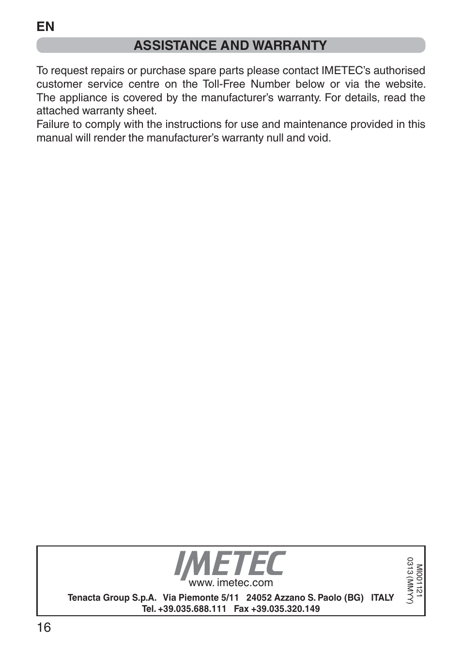 En 16, Assistance and warranty | Imetec NUVOLA User Manual | Page 18 / 74