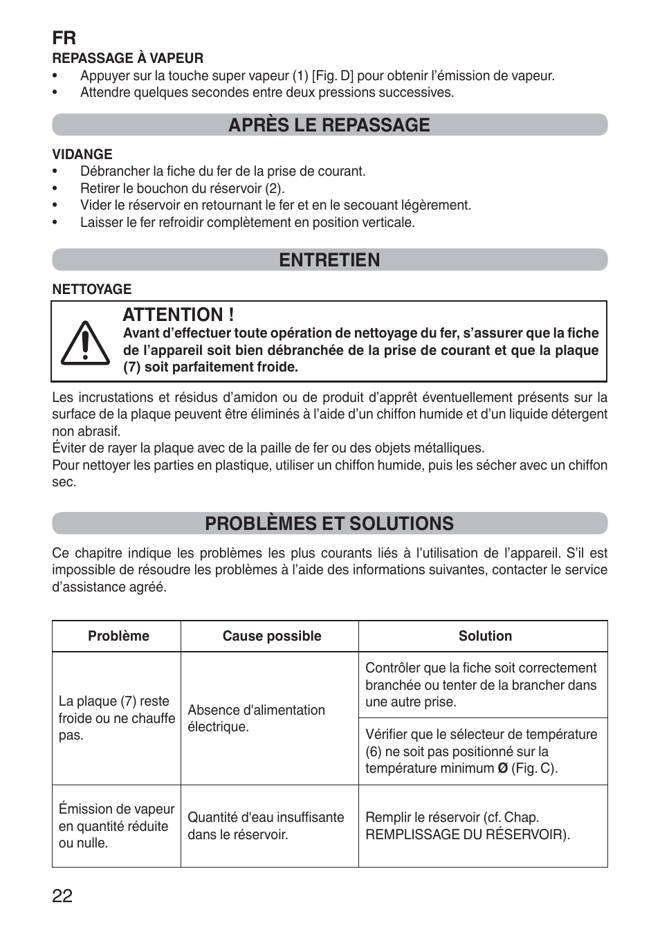 Fr 22, Après le repassage, Entretien | Attention, Problèmes et solutions | Imetec NUVOLA User Manual | Page 24 / 74