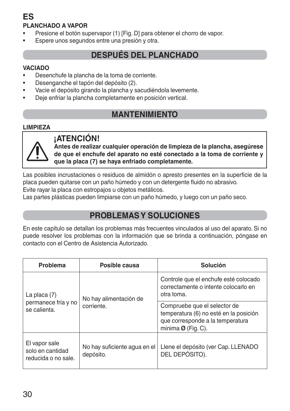 Es 30, Después del planchado, Mantenimiento | Atención, Problemas y soluciones | Imetec NUVOLA User Manual | Page 32 / 74