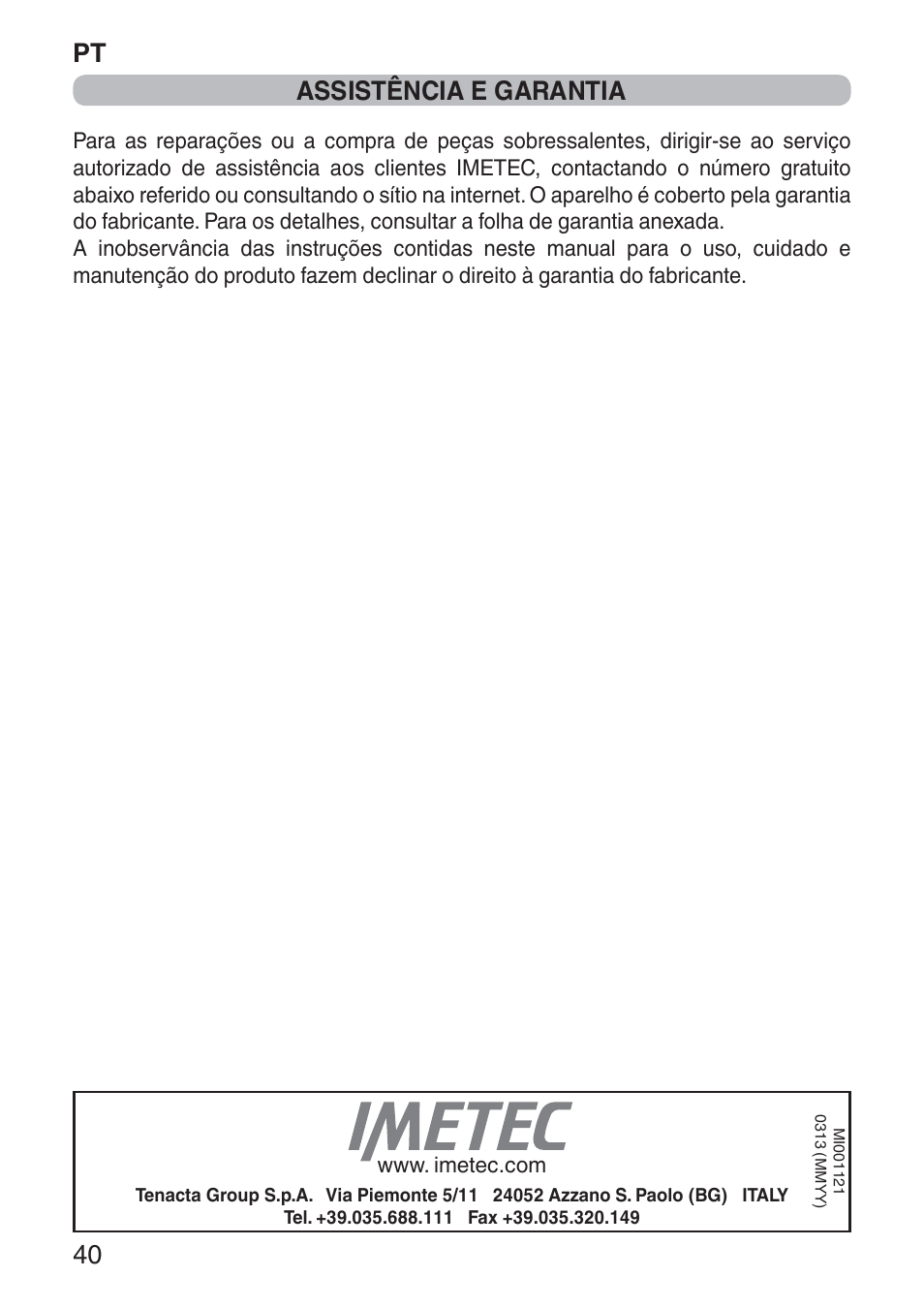 Pt 40, Assistência e garantia | Imetec NUVOLA User Manual | Page 42 / 74