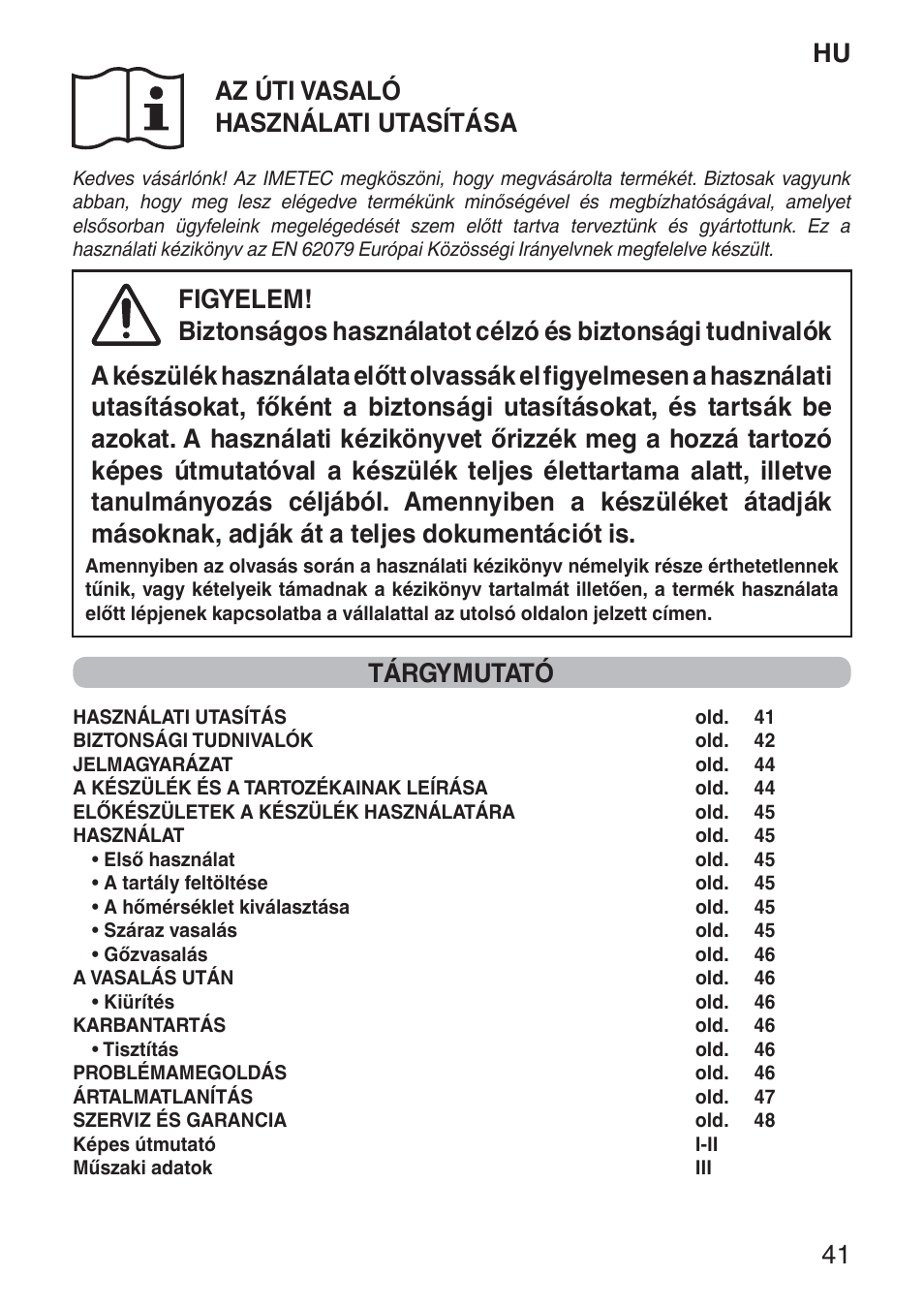 Hu 41 az úti vasaló használati utasítása, Tárgymutató | Imetec NUVOLA User Manual | Page 43 / 74
