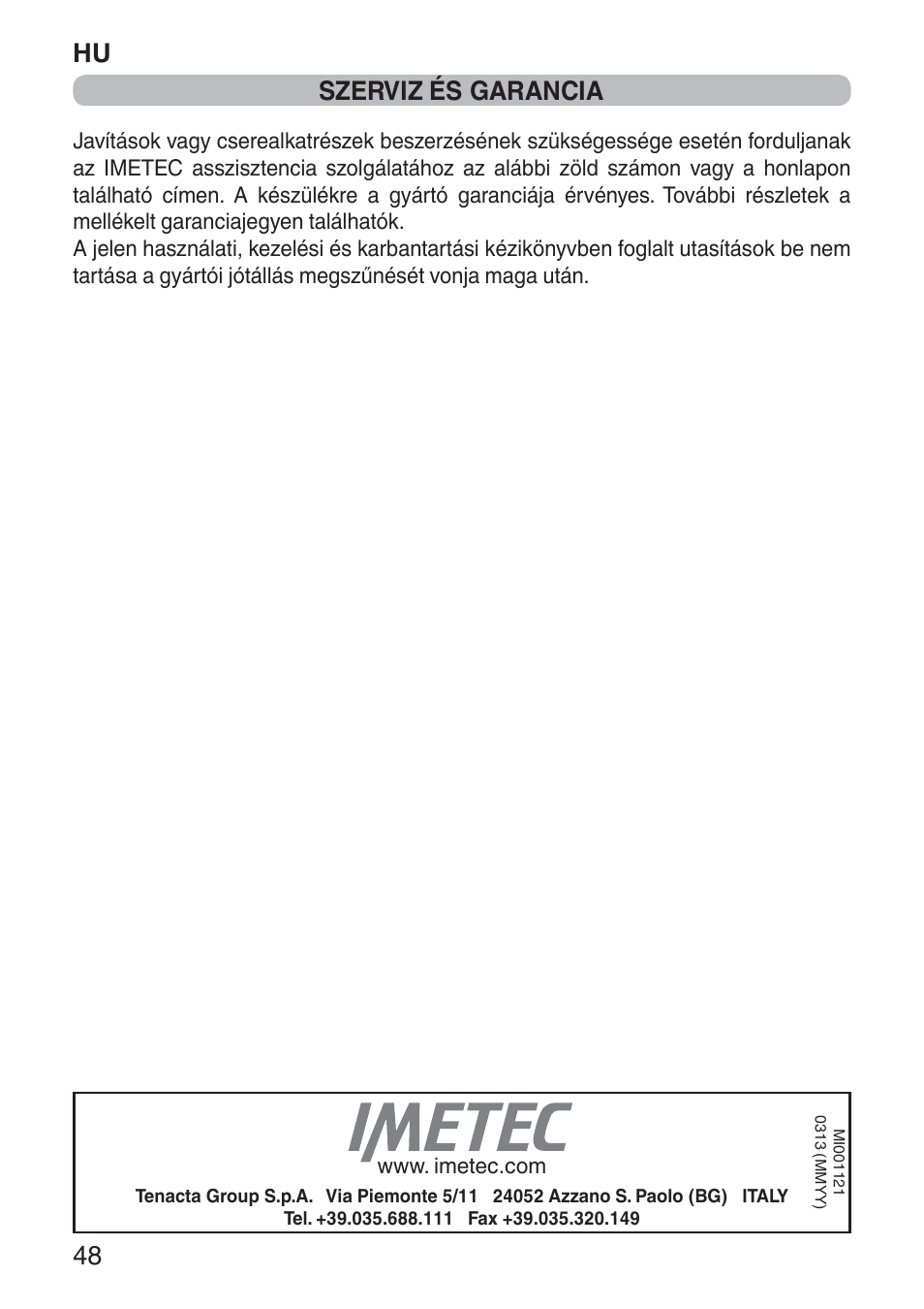 Hu 48, Szerviz és garancia | Imetec NUVOLA User Manual | Page 50 / 74