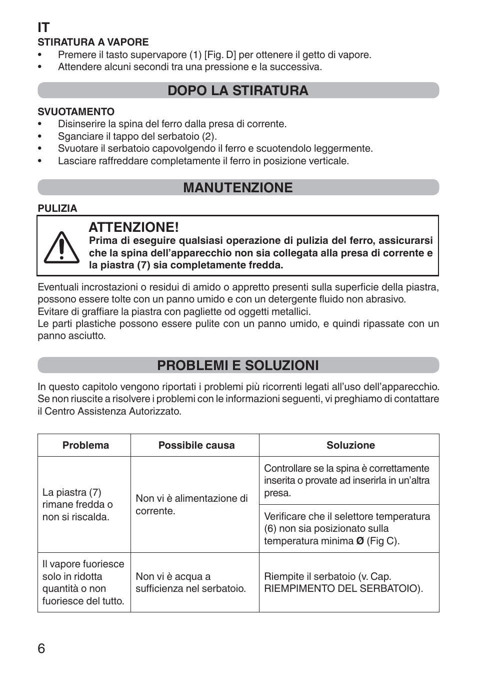 It 6, Dopo la stiratura, Manutenzione | Attenzione, Problemi e soluzioni | Imetec NUVOLA User Manual | Page 8 / 74