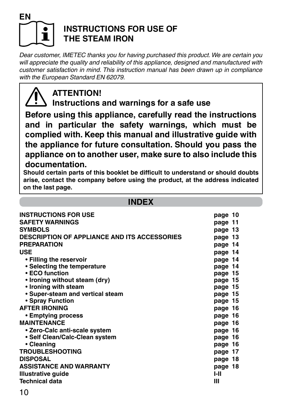En 10 instructions for use of the steam iron, Index | Imetec ZEROCALC ECO K3 2300 User Manual | Page 12 / 74