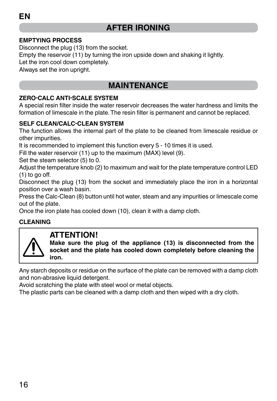 En 16, After ironing, Maintenance | Attention | Imetec ZEROCALC ECO K3 2300 User Manual | Page 18 / 74