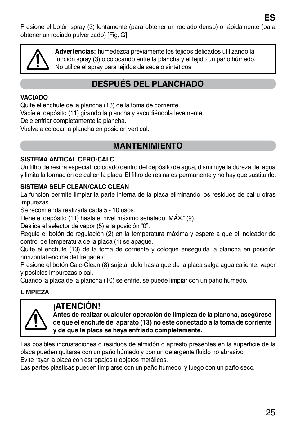Es 25, Después del planchado, Mantenimiento | Atención | Imetec ZEROCALC ECO K3 2300 User Manual | Page 27 / 74