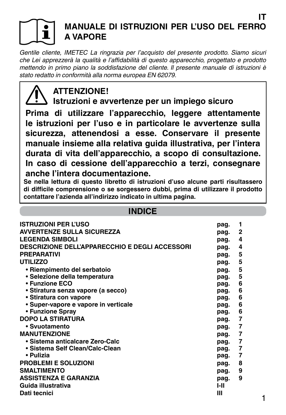 Indice | Imetec ZEROCALC ECO K3 2300 User Manual | Page 3 / 74