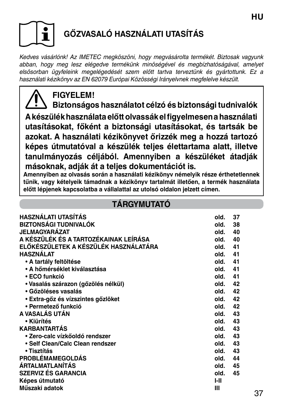 Hu 37 gőzvasaló használati utasítás, Tárgymutató | Imetec ZEROCALC ECO K3 2300 User Manual | Page 39 / 74