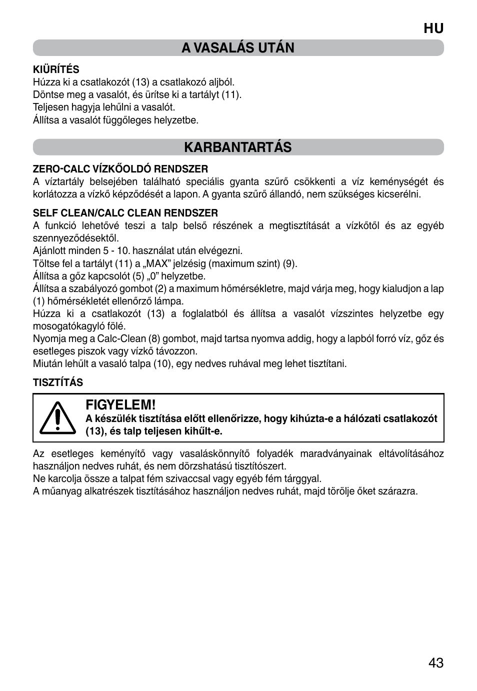 Hu 43 a vasalás után, Karbantartás, Figyelem | Imetec ZEROCALC ECO K3 2300 User Manual | Page 45 / 74