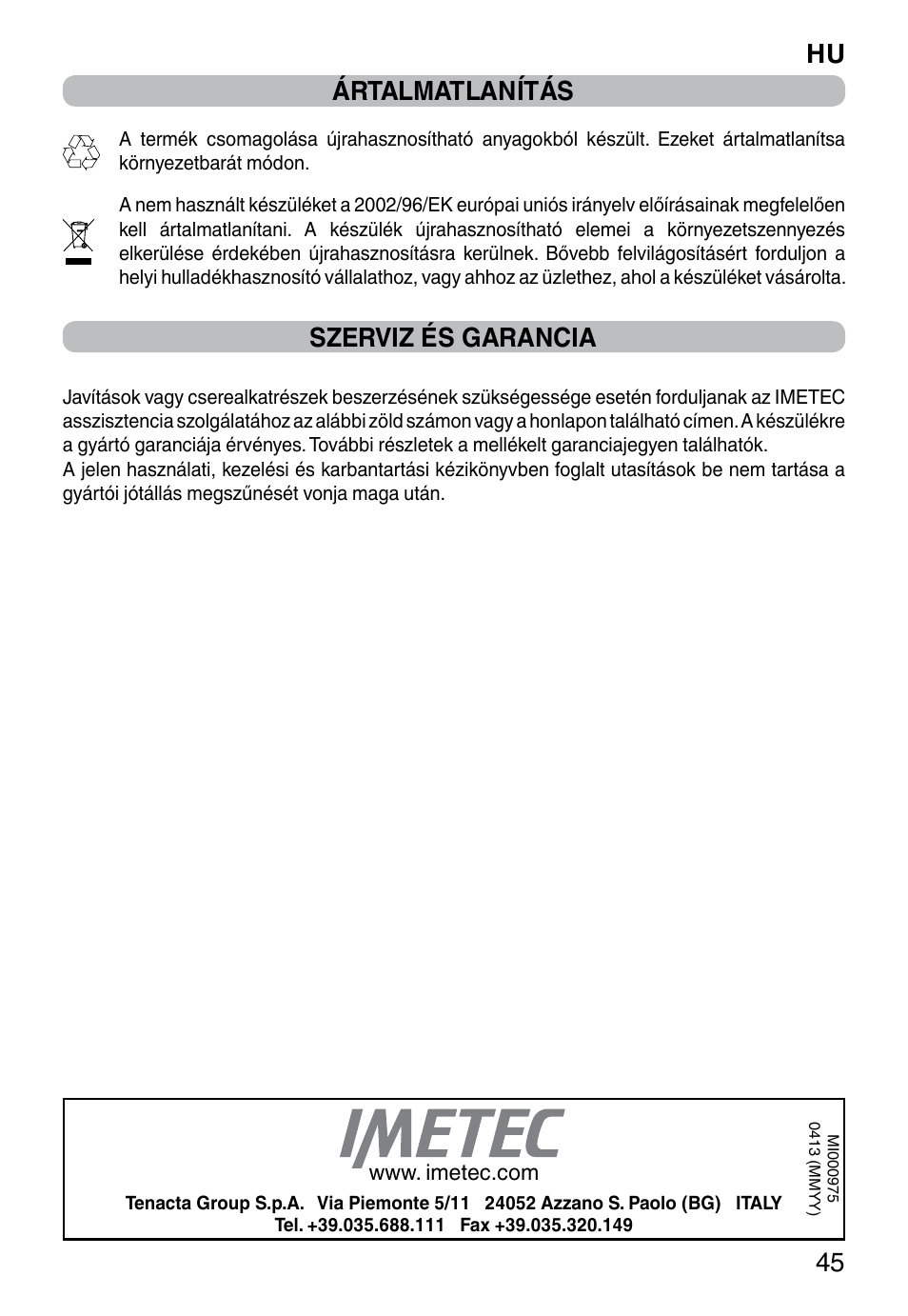 Hu 45, Ártalmatlanítás, Szerviz és garancia | Imetec ZEROCALC ECO K3 2300 User Manual | Page 47 / 74