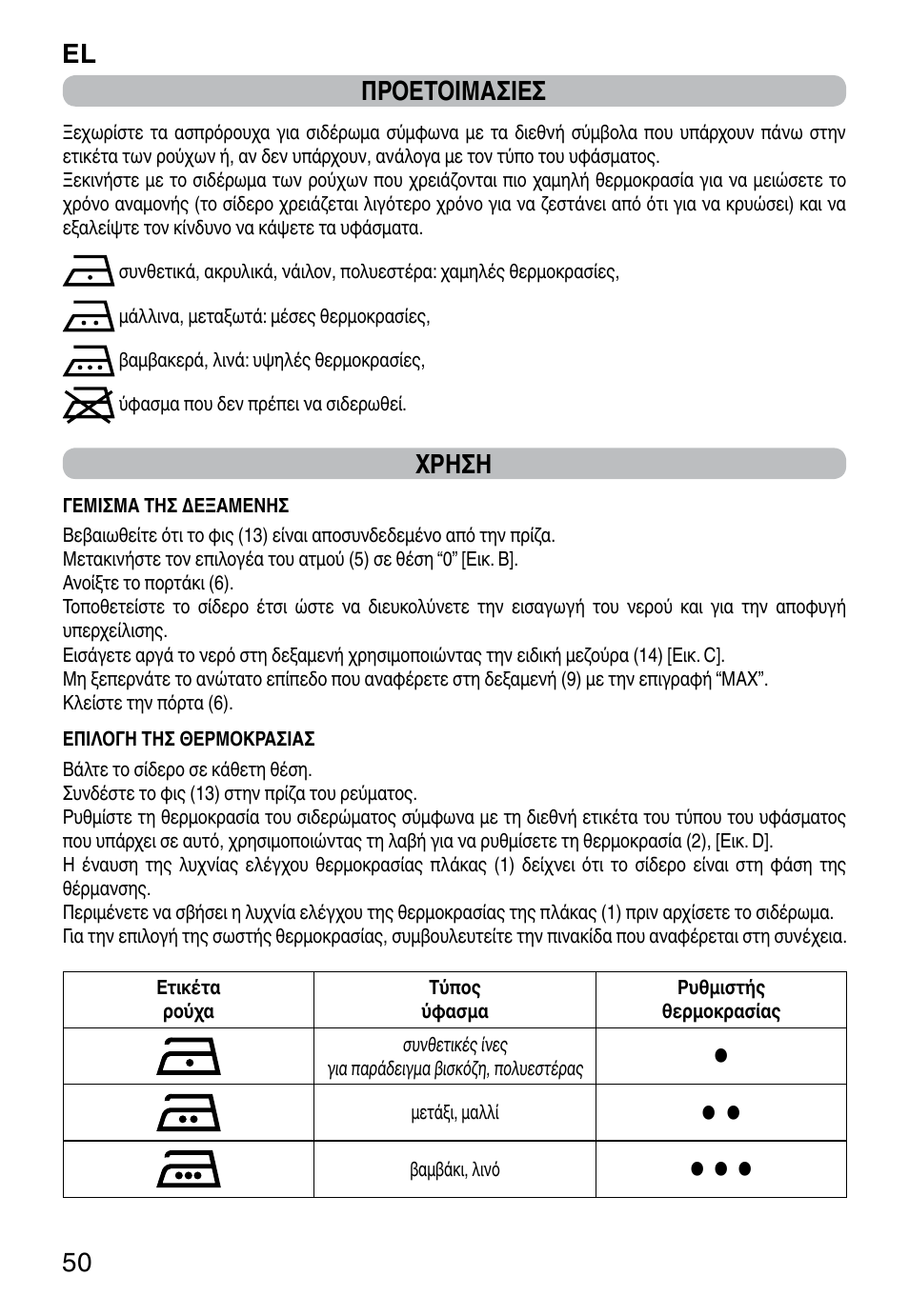 El 50 προετοιμασιεσ, Χρηση | Imetec ZEROCALC ECO K3 2300 User Manual | Page 52 / 74