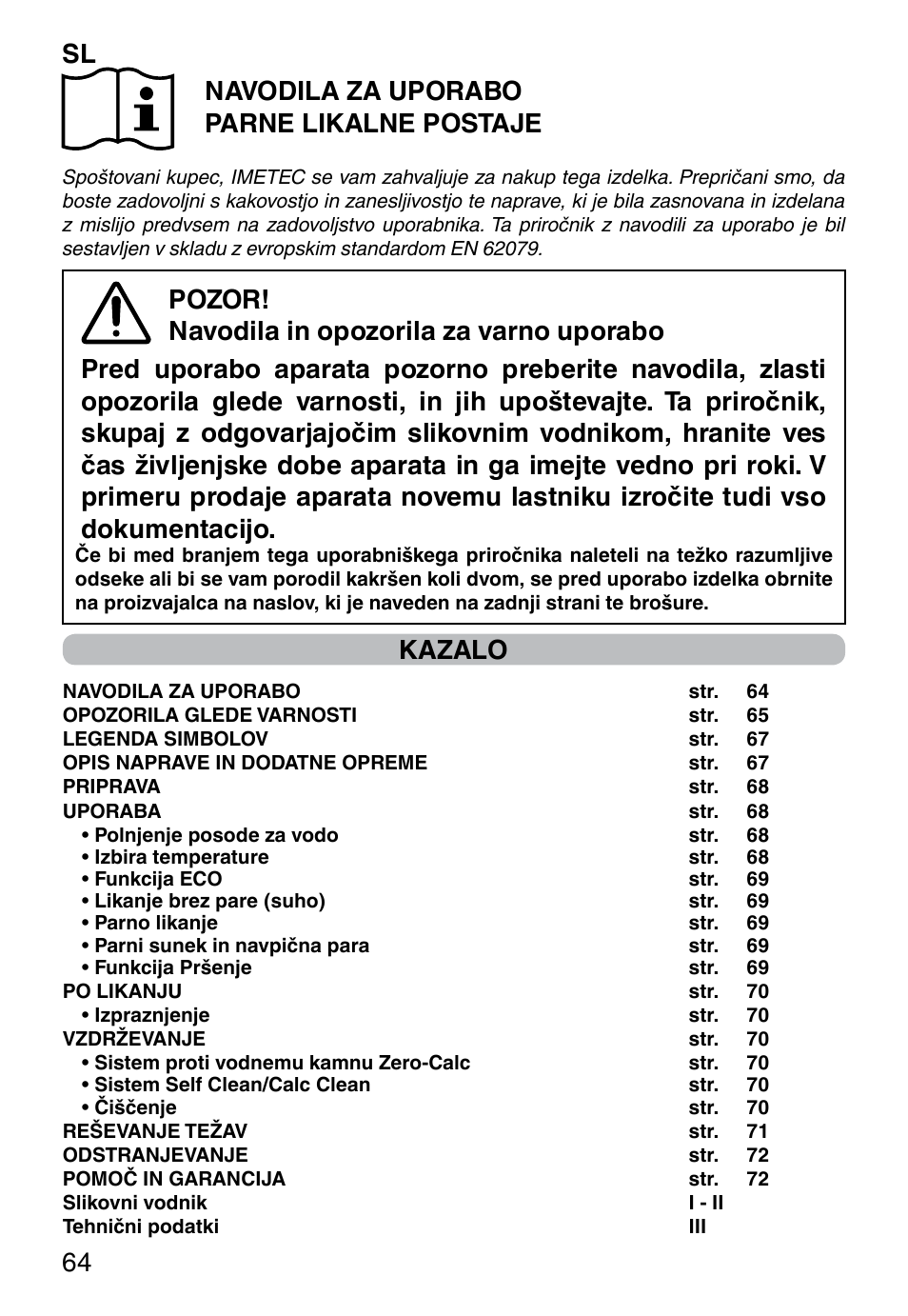 Sl 64 navodila za uporabo parne likalne postaje, Kazalo | Imetec ZEROCALC ECO K3 2300 User Manual | Page 66 / 74