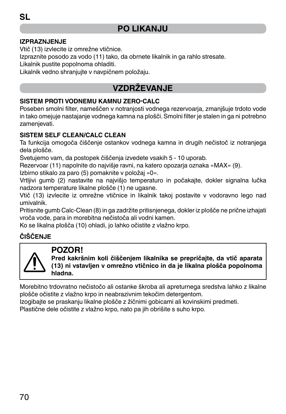 Sl 70 po likanju, Vzdrževanje, Pozor | Imetec ZEROCALC ECO K3 2300 User Manual | Page 72 / 74