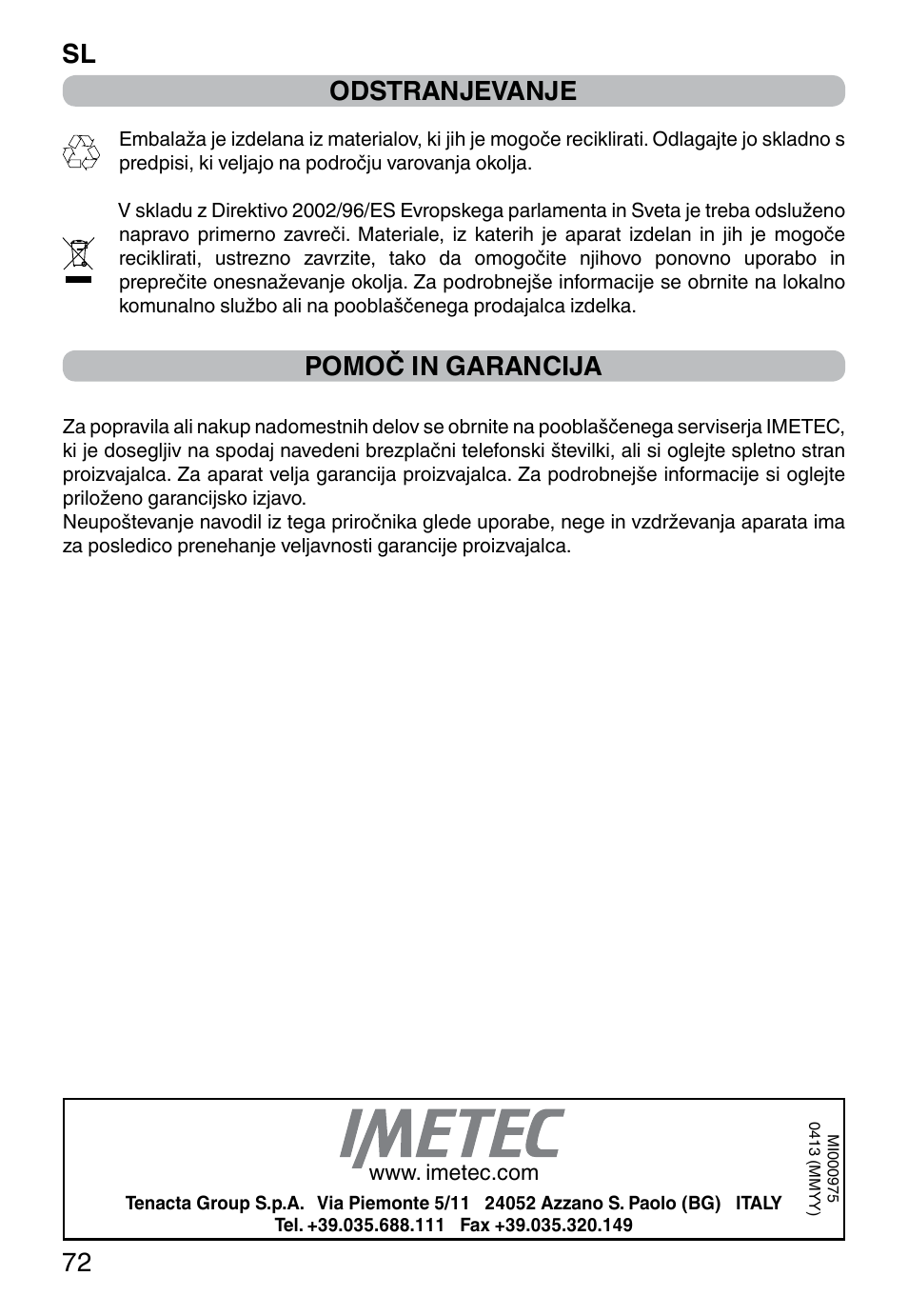 Sl 72, Odstranjevanje, Pomoč in garancija | Imetec ZEROCALC ECO K3 2300 User Manual | Page 74 / 74