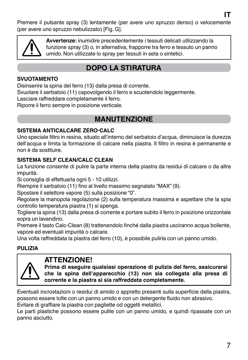 It 7, Dopo la stiratura, Manutenzione | Attenzione | Imetec ZEROCALC ECO K3 2300 User Manual | Page 9 / 74