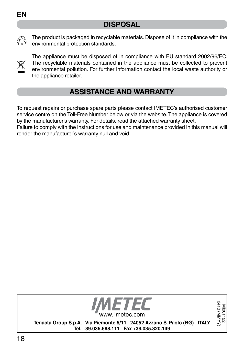 En 18, Disposal, Assistance and warranty | Imetec TITANOX ECO K112 User Manual | Page 20 / 74