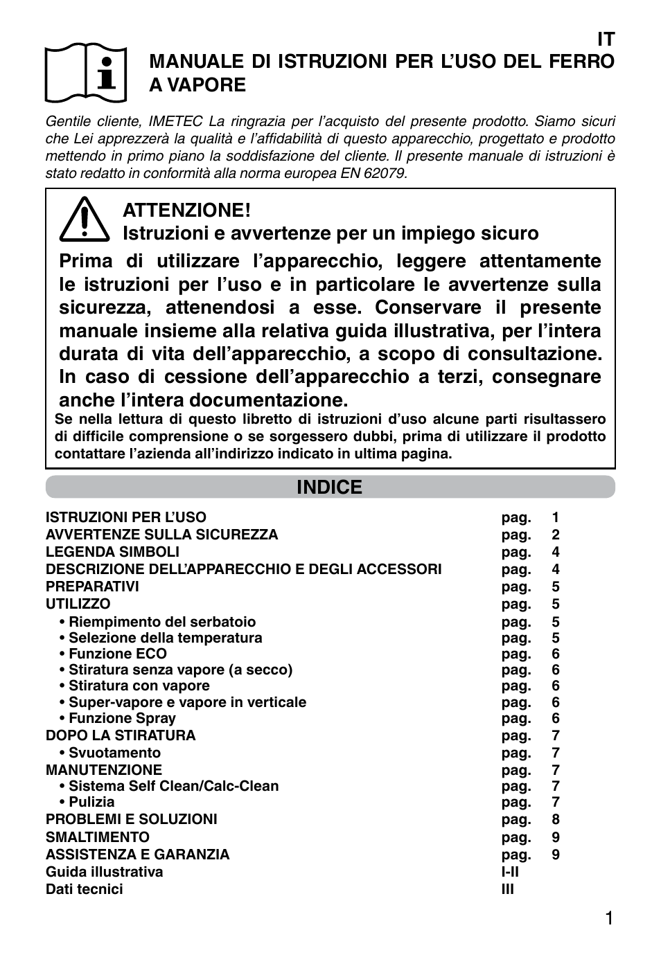 Indice | Imetec TITANOX ECO K112 User Manual | Page 3 / 74