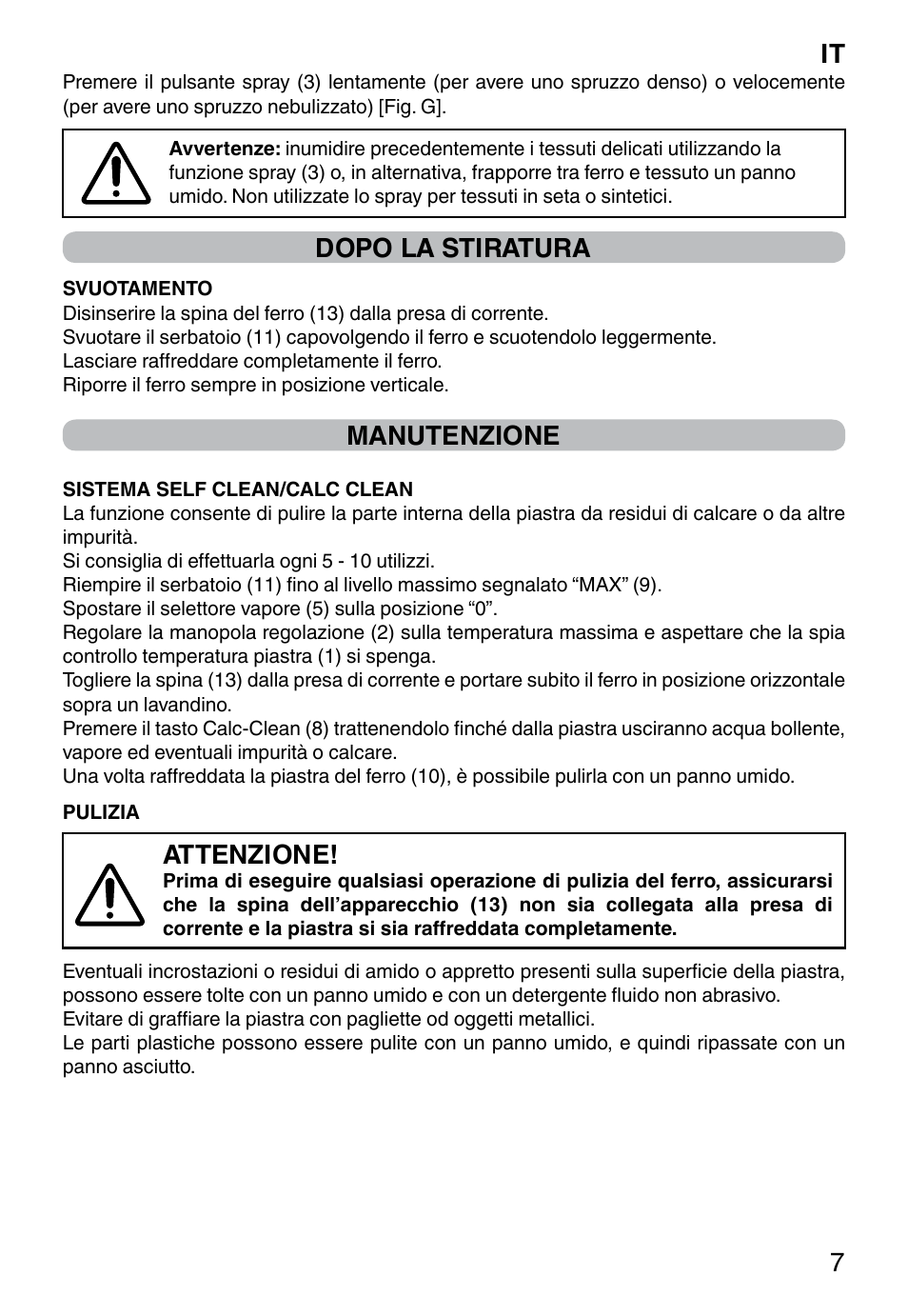 It 7, Dopo la stiratura, Manutenzione | Attenzione | Imetec TITANOX ECO K112 User Manual | Page 9 / 74