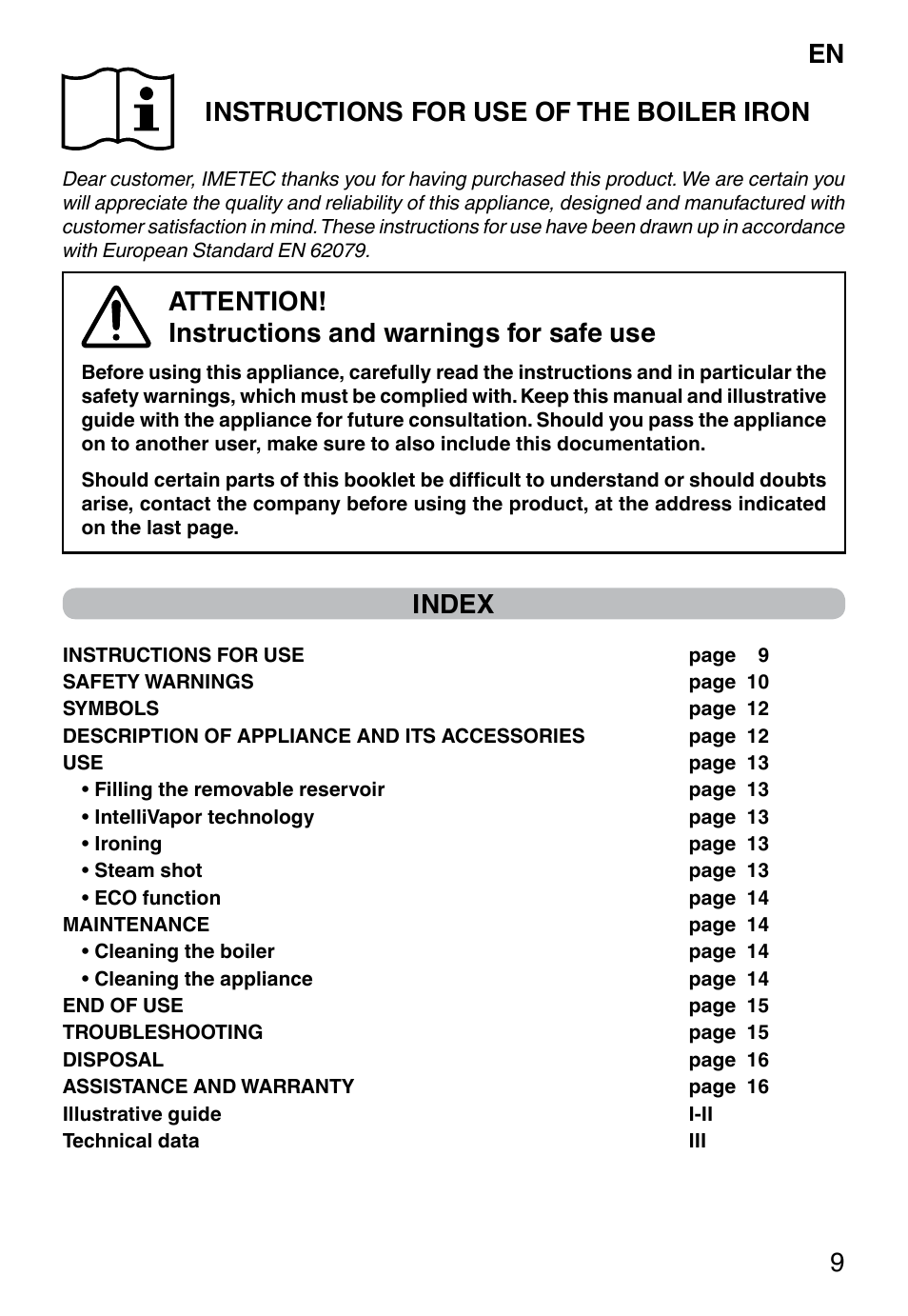 En 9 instructions for use of the boiler iron, Attention! instructions and warnings for safe use, Index | Imetec INTELLIVAPOR ECO User Manual | Page 11 / 58