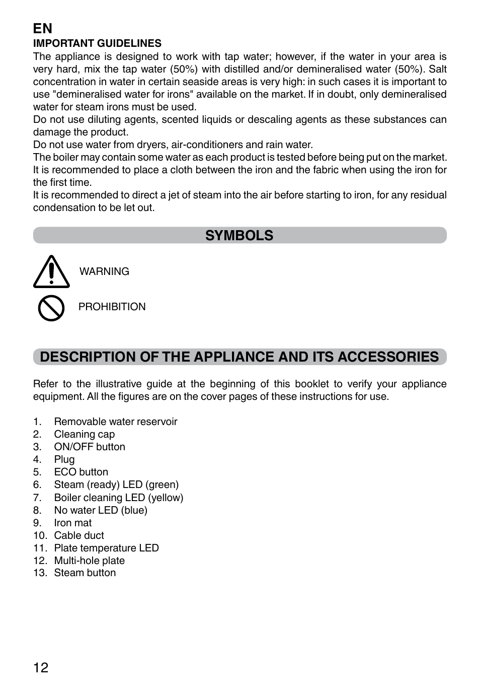 En 12, Symbols, Description of the appliance and its accessories | Imetec INTELLIVAPOR ECO User Manual | Page 14 / 58