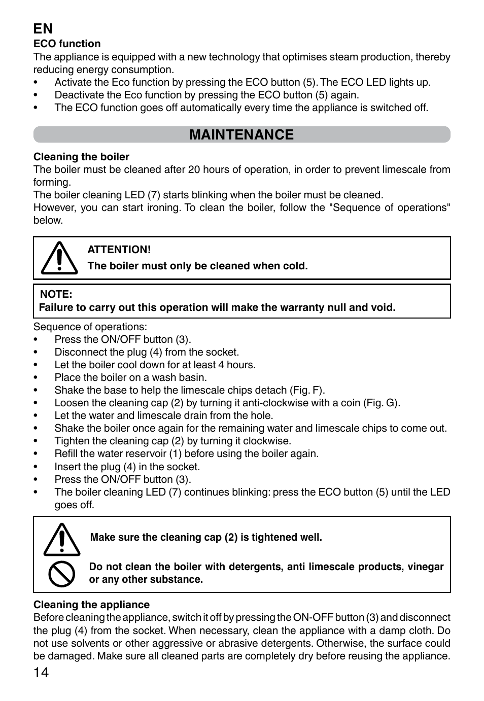 En 14, Maintenance | Imetec INTELLIVAPOR ECO User Manual | Page 16 / 58