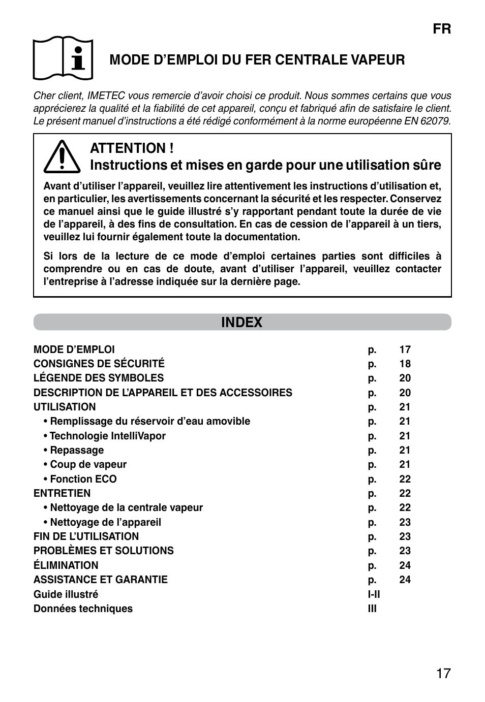 Fr 17 mode d’emploi du fer centrale vapeur, Index | Imetec INTELLIVAPOR ECO User Manual | Page 19 / 58