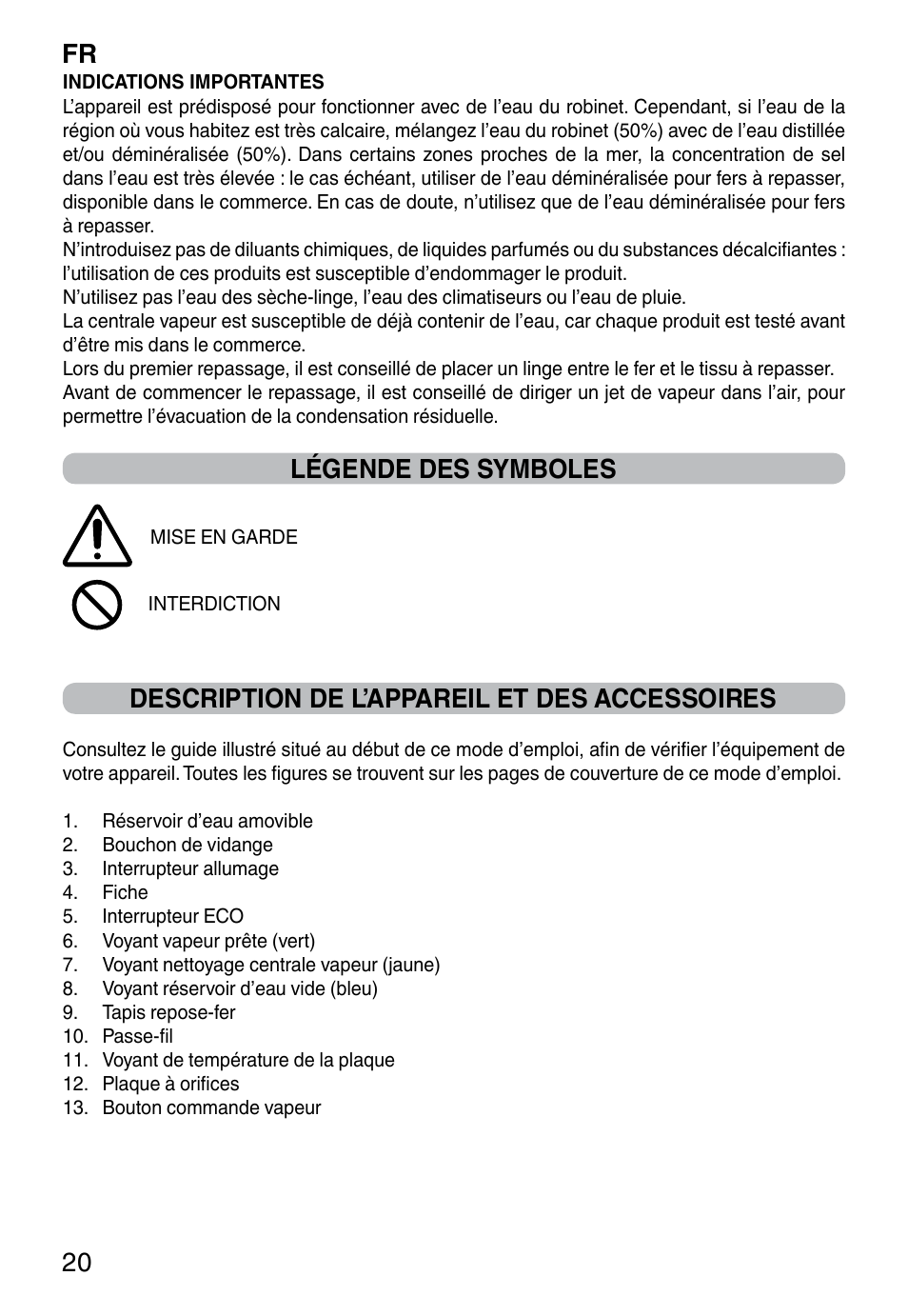 Fr 20, Légende des symboles, Description de l’appareil et des accessoires | Imetec INTELLIVAPOR ECO User Manual | Page 22 / 58