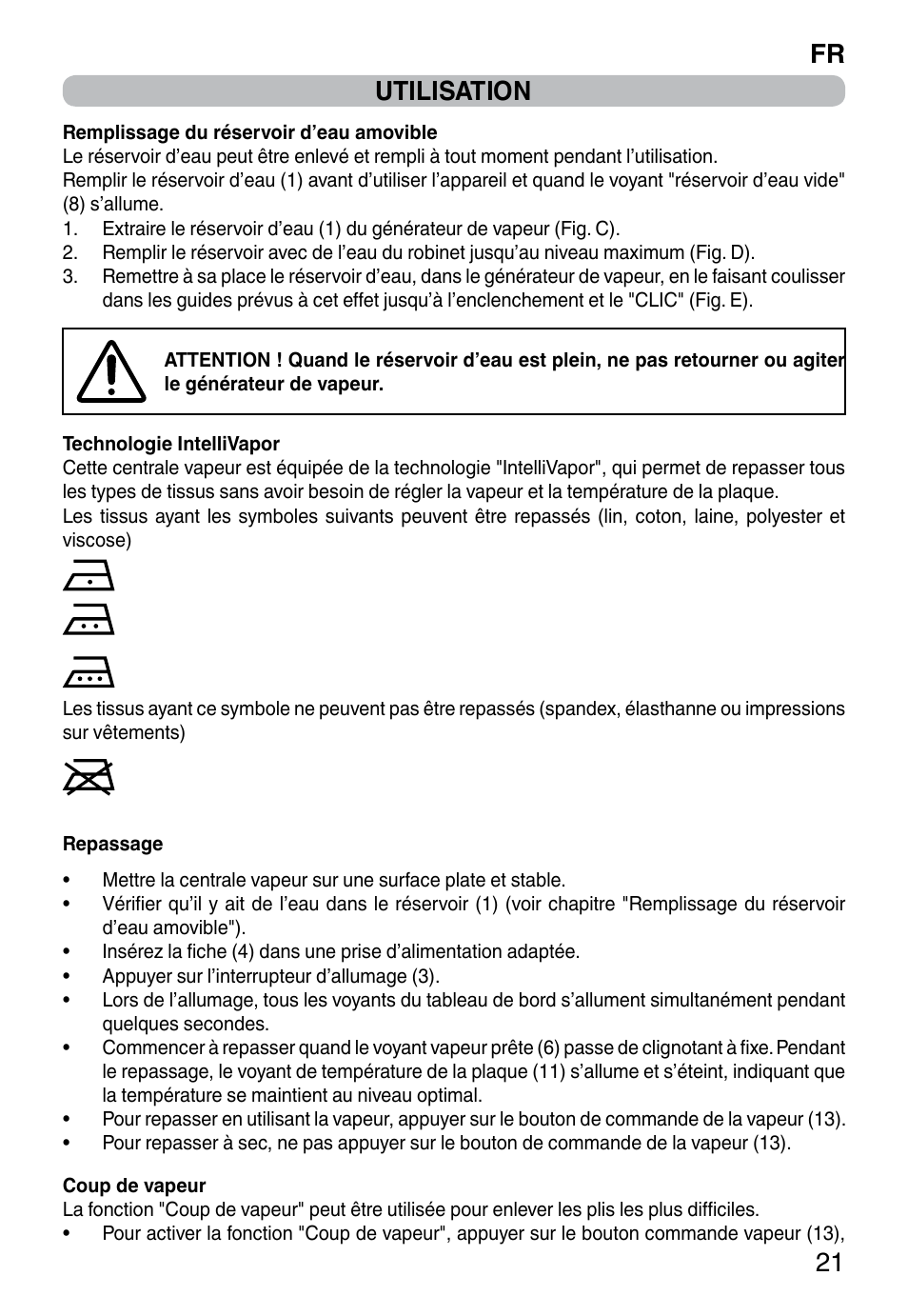 Fr 21 utilisation | Imetec INTELLIVAPOR ECO User Manual | Page 23 / 58