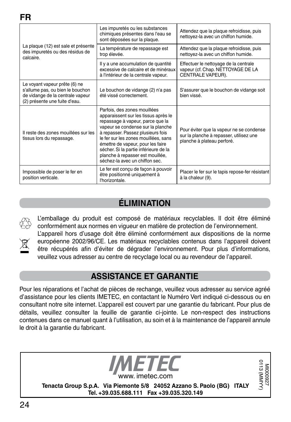 Fr 24, Élimination, Assistance et garantie | Imetec INTELLIVAPOR ECO User Manual | Page 26 / 58