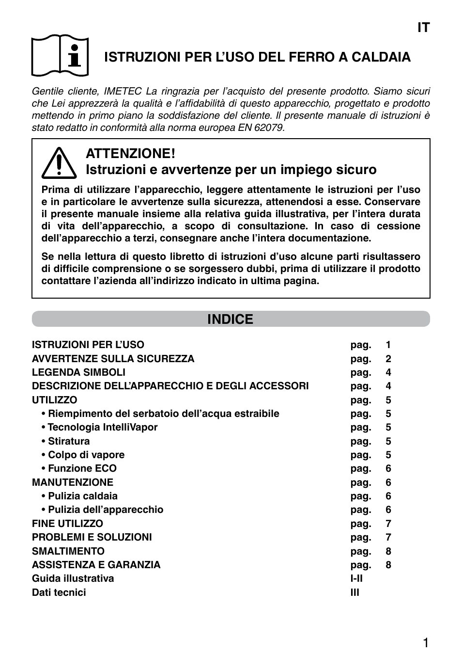 It 1 istruzioni per l’uso del ferro a caldaia, Indice | Imetec INTELLIVAPOR ECO User Manual | Page 3 / 58