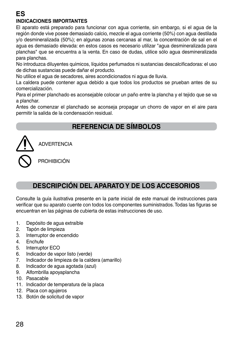 Es 28, Referencia de símbolos, Descripción del aparato y de los accesorios | Imetec INTELLIVAPOR ECO User Manual | Page 30 / 58