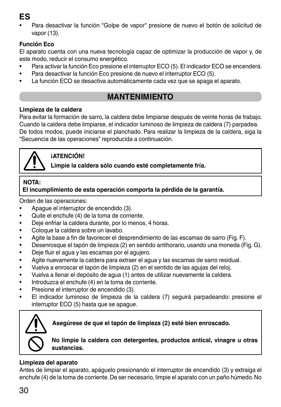 Es 30, Mantenimiento | Imetec INTELLIVAPOR ECO User Manual | Page 32 / 58