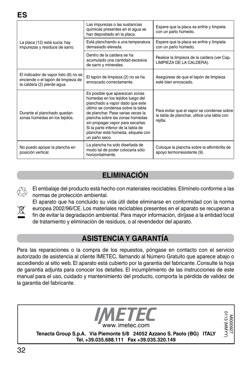 Es 32, Eliminación, Asistencia y garantía | Imetec INTELLIVAPOR ECO User Manual | Page 34 / 58
