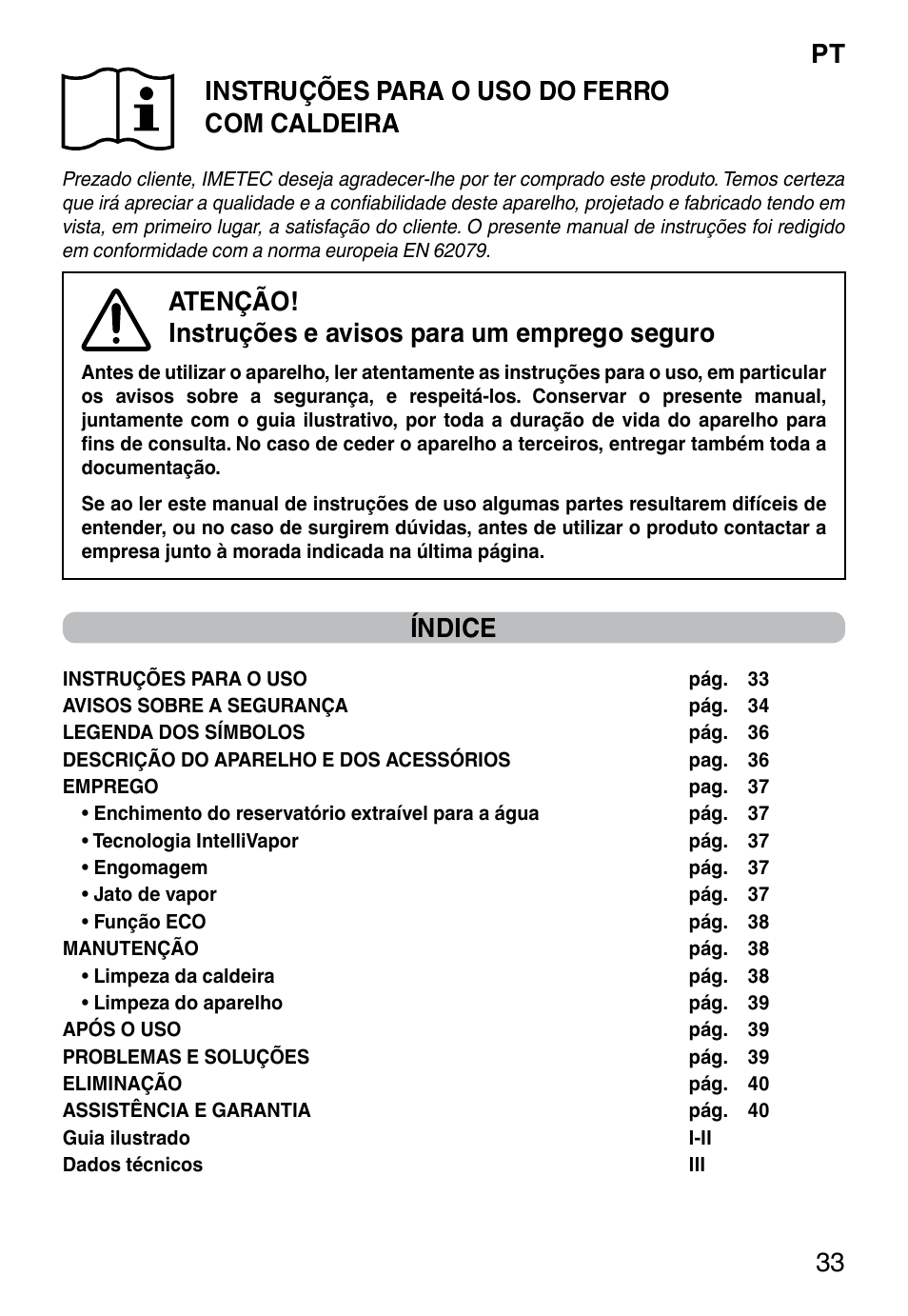 Pt 33 instruções para o uso do ferro com caldeira, Índice | Imetec INTELLIVAPOR ECO User Manual | Page 35 / 58