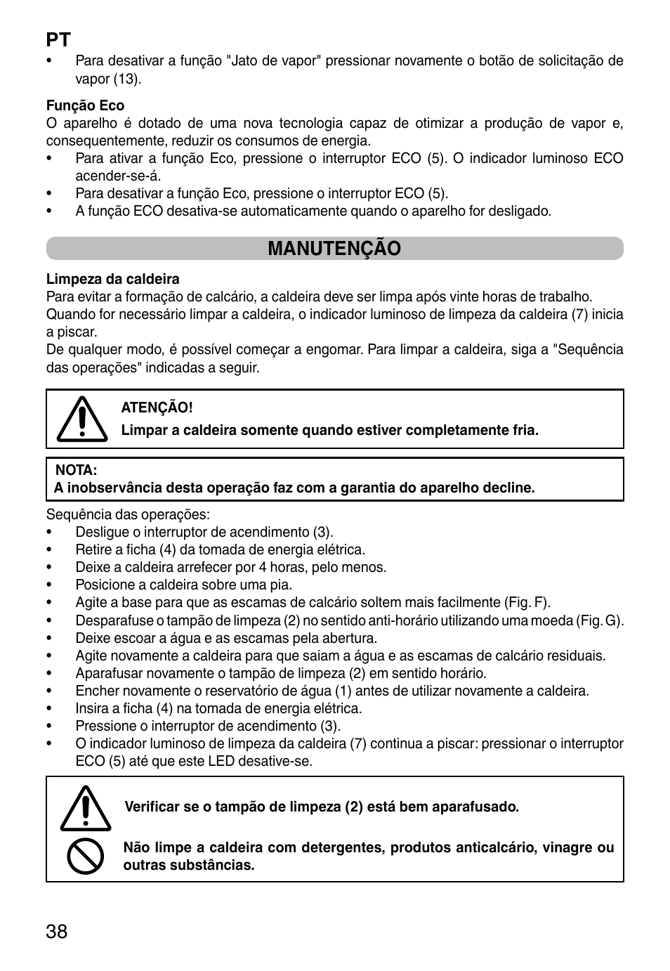 Pt 38, Manutenção | Imetec INTELLIVAPOR ECO User Manual | Page 40 / 58