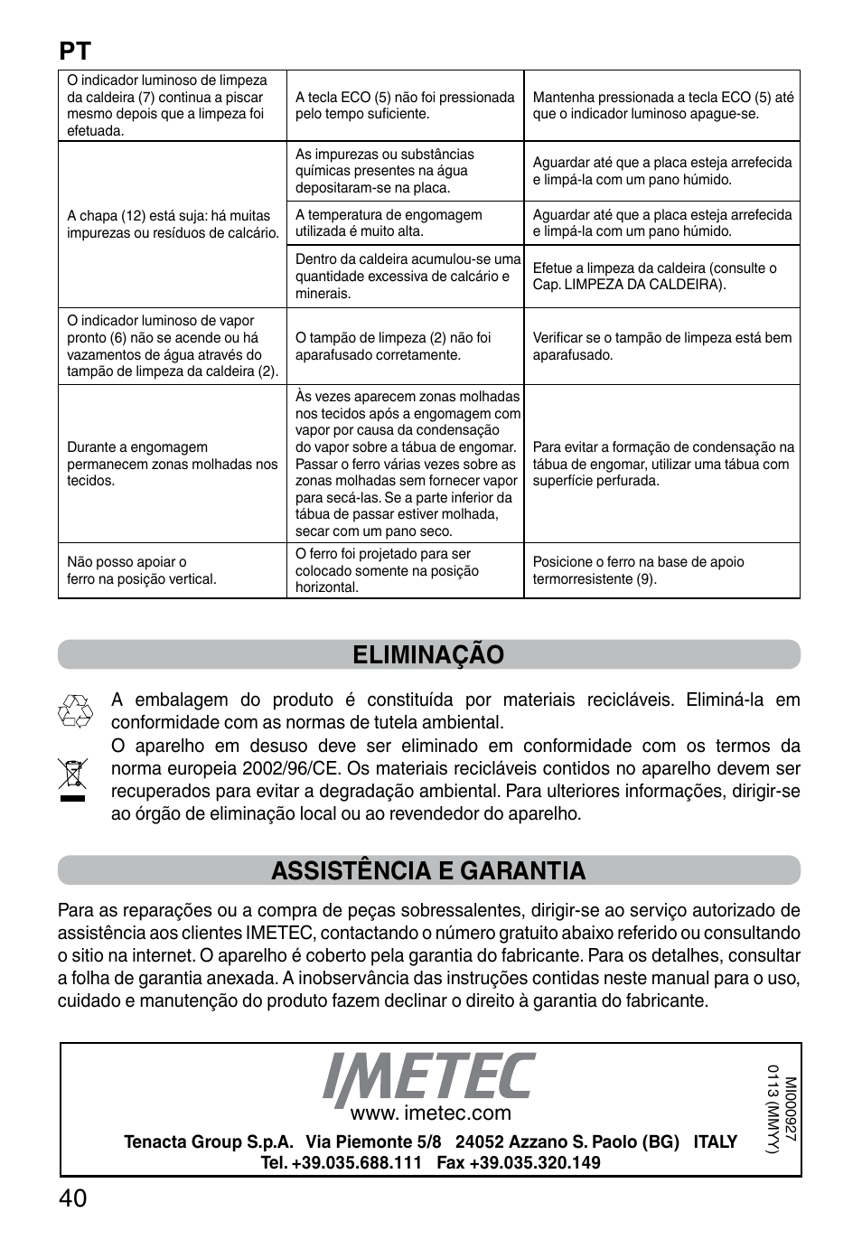 Pt 40, Eliminação, Assistência e garantia | Imetec INTELLIVAPOR ECO User Manual | Page 42 / 58