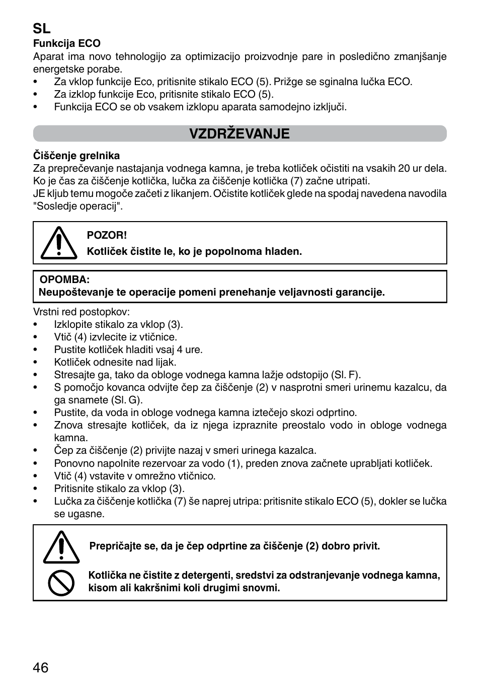 Sl 46, Vzdrževanje | Imetec INTELLIVAPOR ECO User Manual | Page 48 / 58