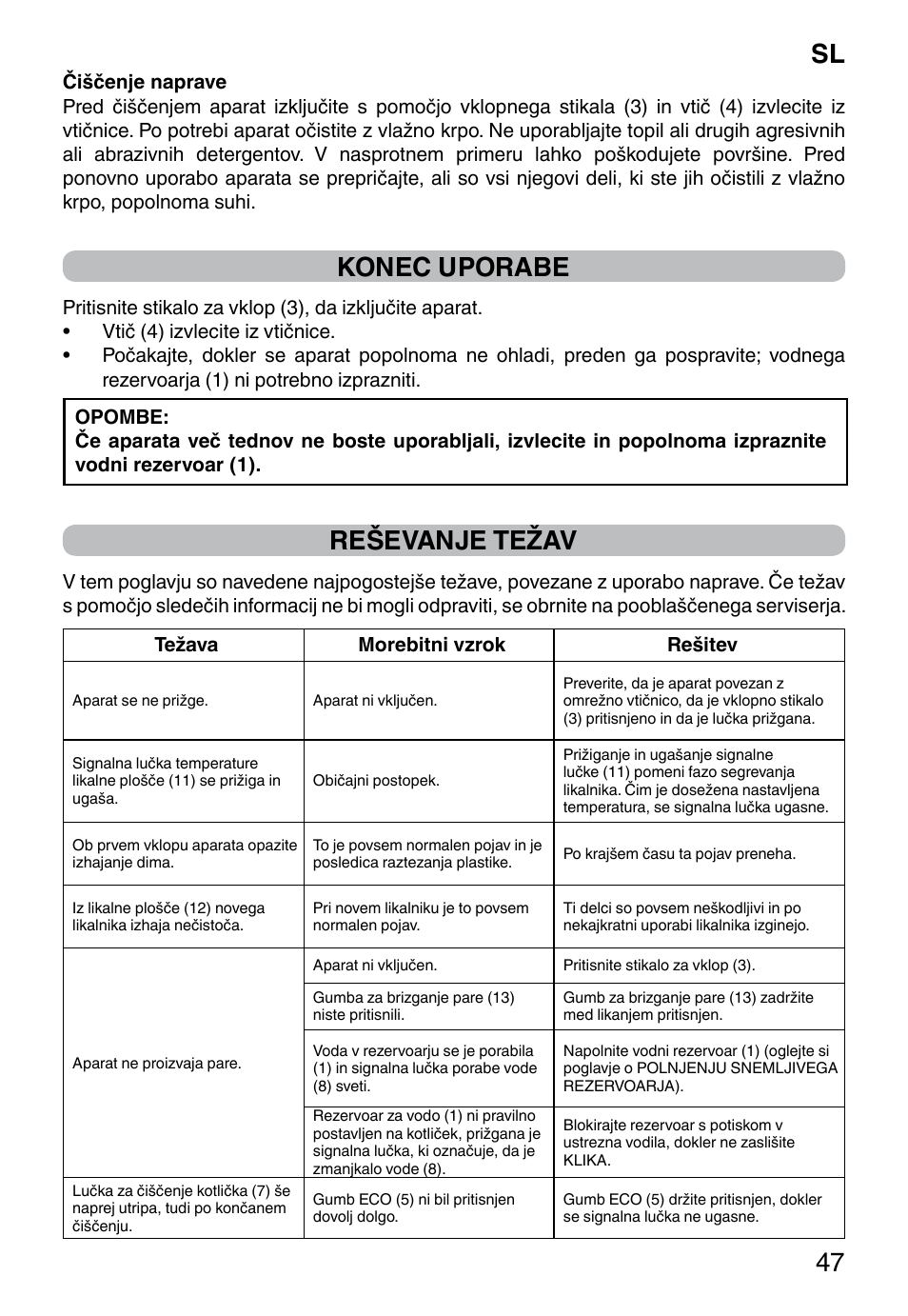 Sl 47, Konec uporabe, Reševanje težav | Imetec INTELLIVAPOR ECO User Manual | Page 49 / 58