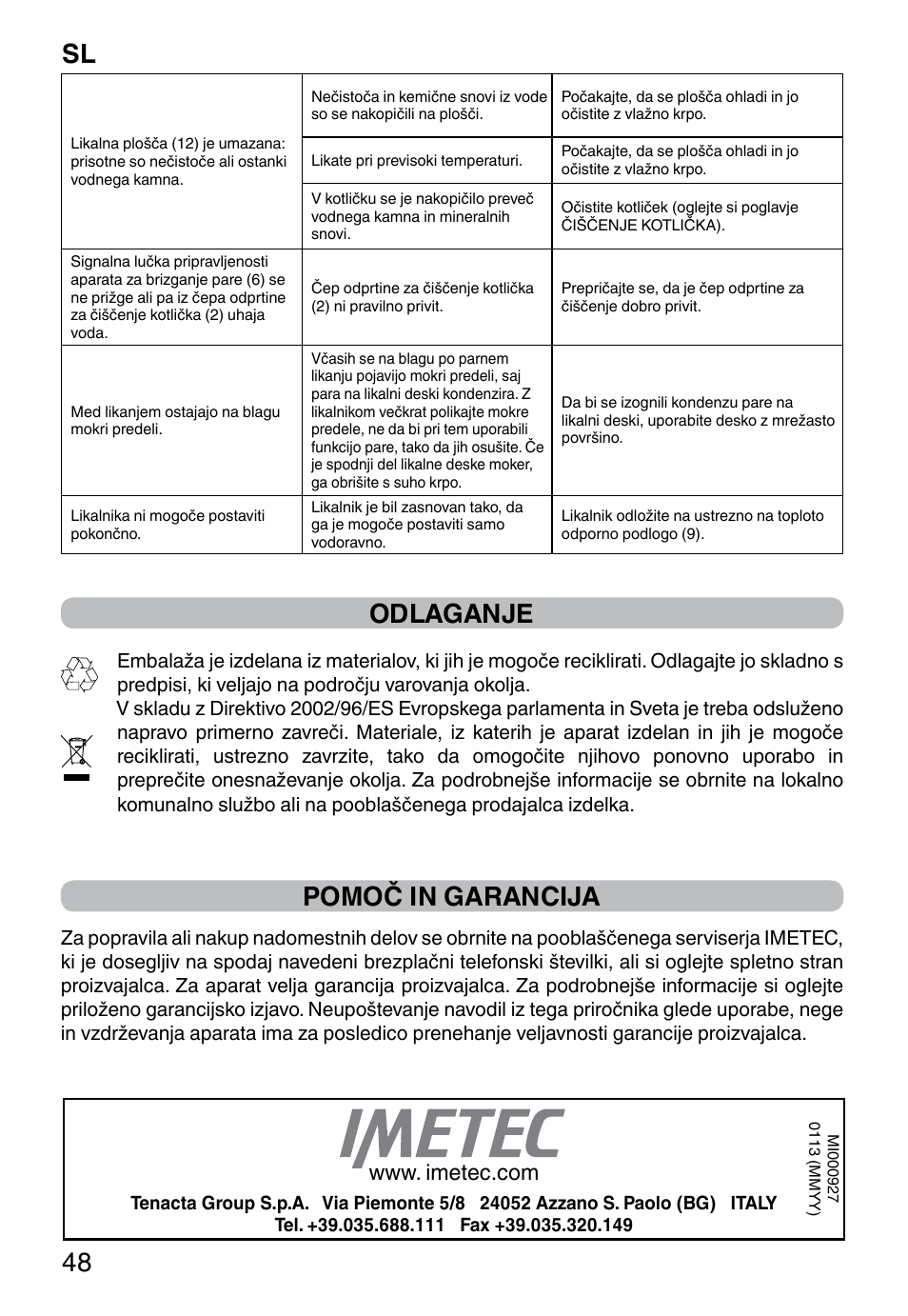 Sl 48, Odlaganje, Pomoč in garancija | Imetec INTELLIVAPOR ECO User Manual | Page 50 / 58