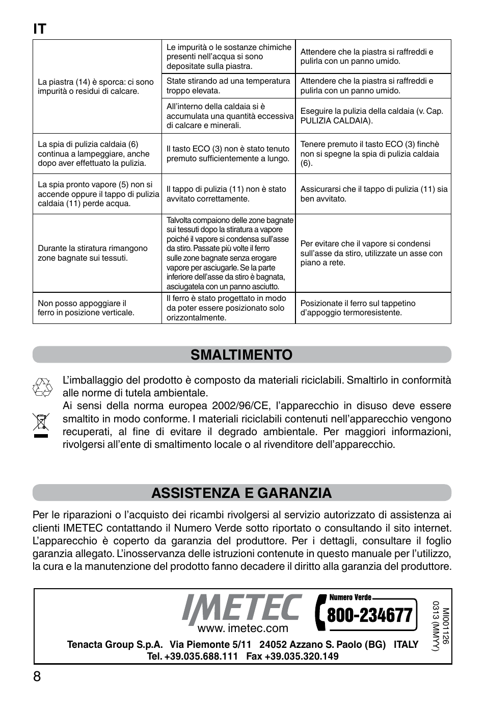 It 8, Smaltimento, Assistenza e garanzia | Imetec NO-STOP PROFESSIONAL ECO User Manual | Page 10 / 74