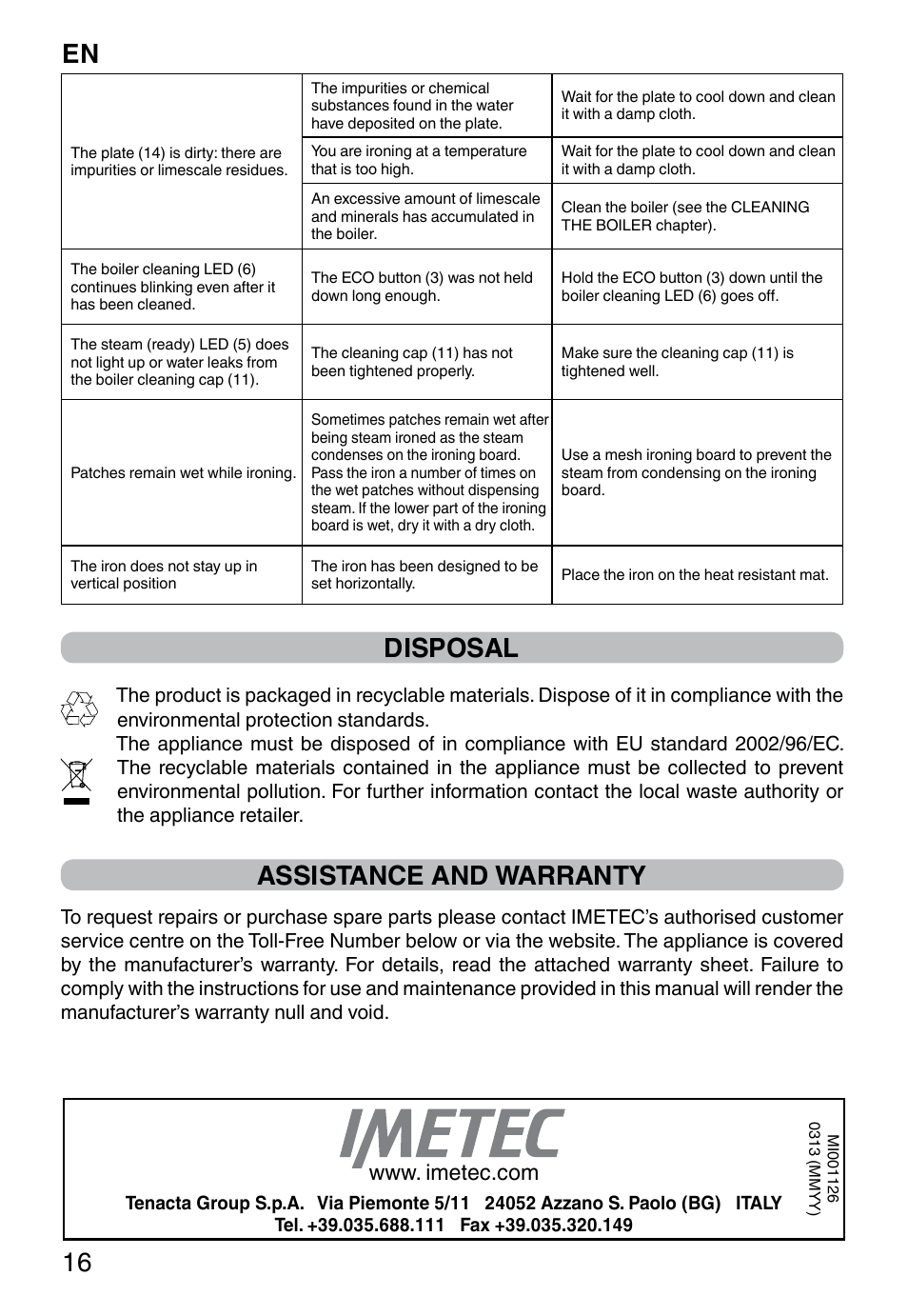 En 16, Disposal, Assistance and warranty | Imetec NO-STOP PROFESSIONAL ECO User Manual | Page 18 / 74