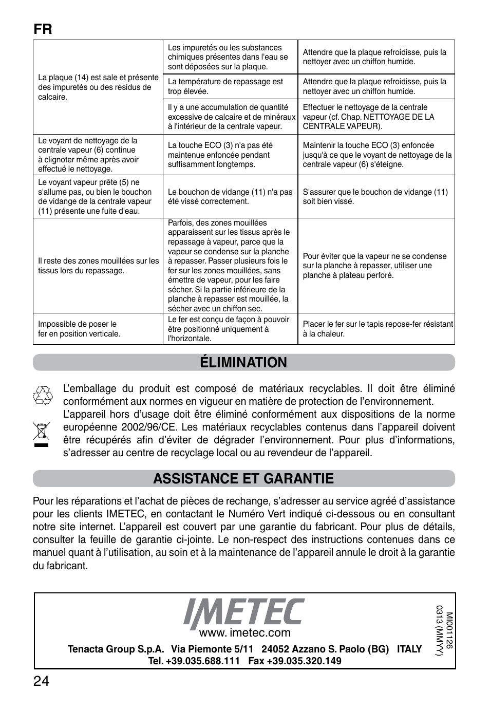 Fr 24, Élimination, Assistance et garantie | Imetec NO-STOP PROFESSIONAL ECO User Manual | Page 26 / 74