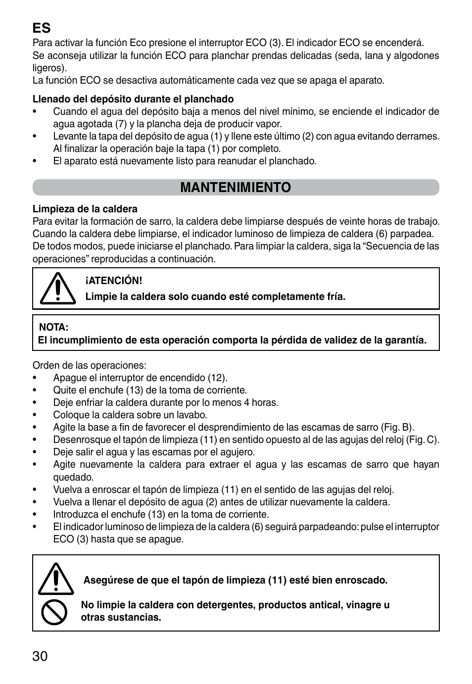 Es 30, Mantenimiento | Imetec NO-STOP PROFESSIONAL ECO User Manual | Page 32 / 74