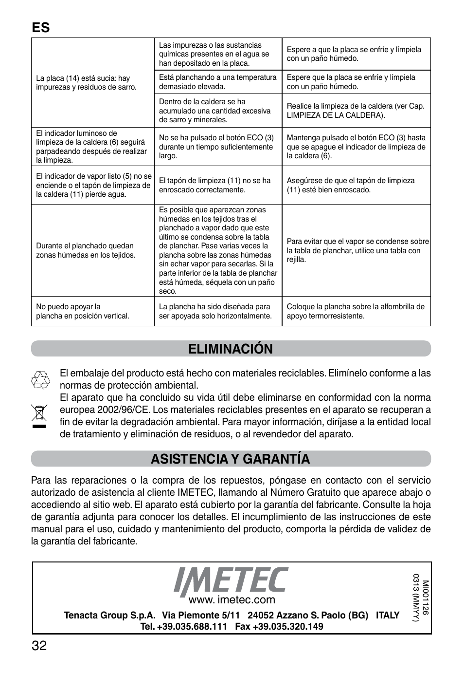 Es 32, Eliminación, Asistencia y garantía | Imetec NO-STOP PROFESSIONAL ECO User Manual | Page 34 / 74