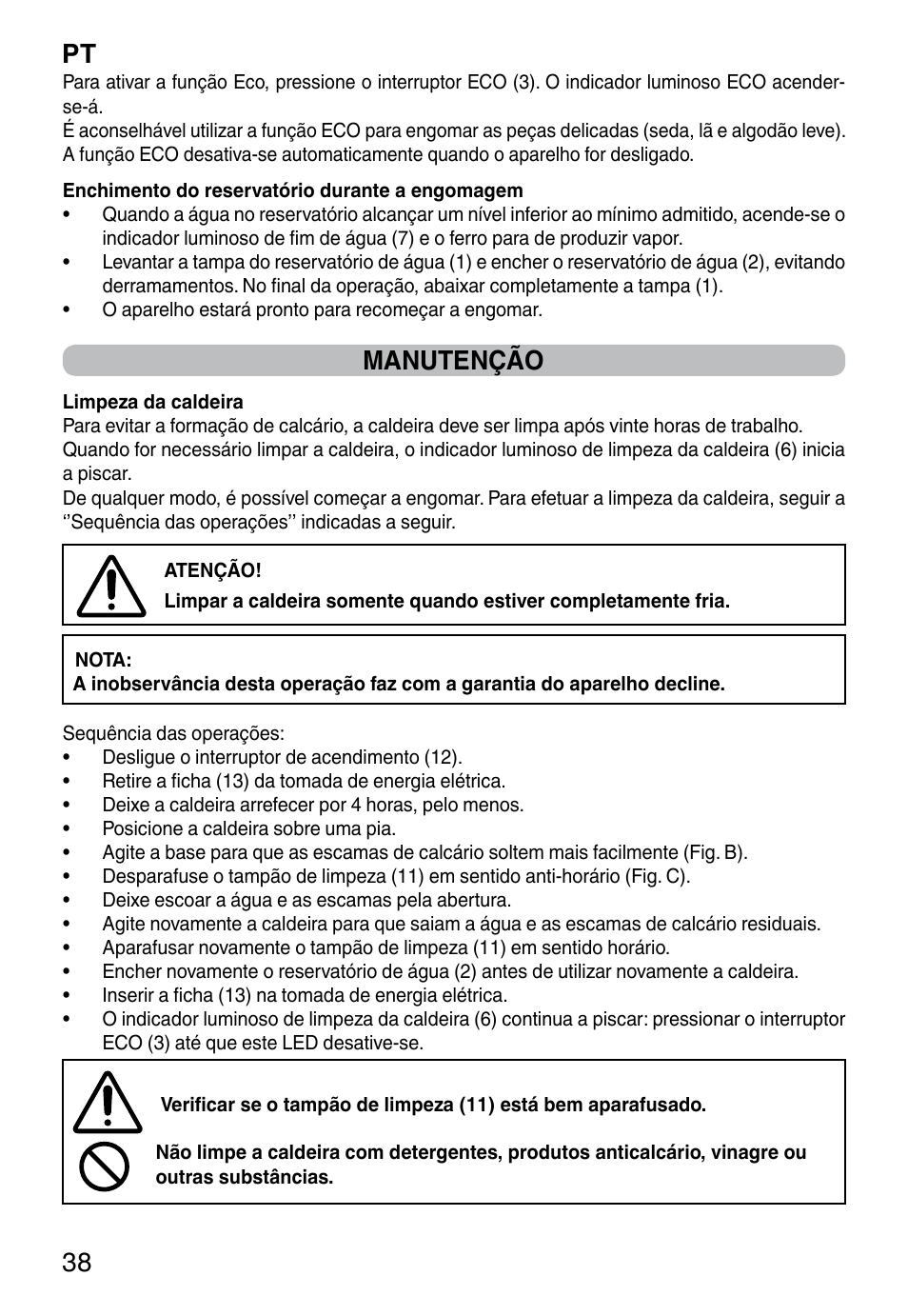 Pt 38, Manutenção | Imetec NO-STOP PROFESSIONAL ECO User Manual | Page 40 / 74
