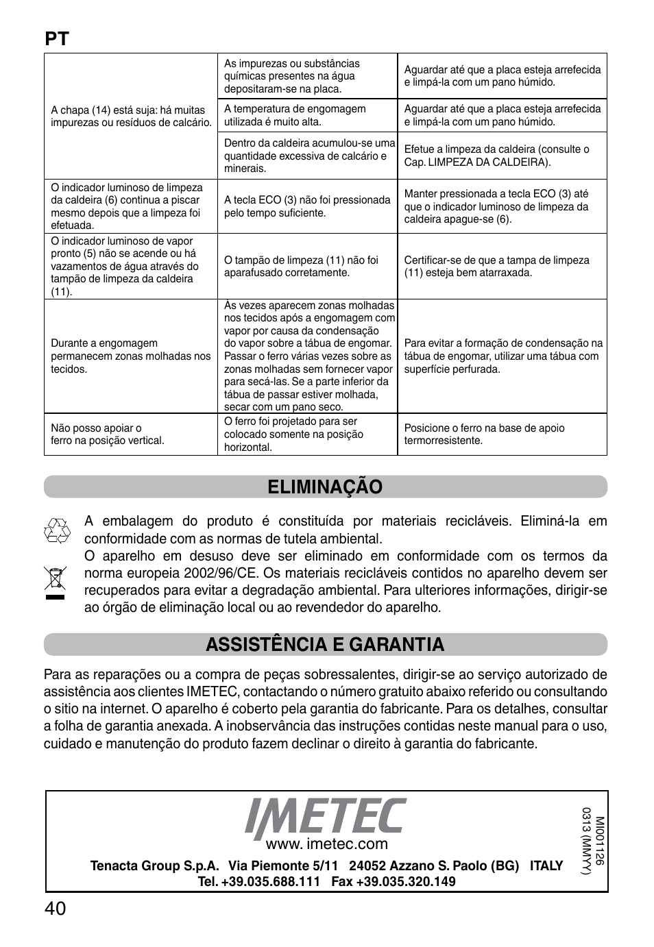 Pt 40, Eliminação, Assistência e garantia | Imetec NO-STOP PROFESSIONAL ECO User Manual | Page 42 / 74