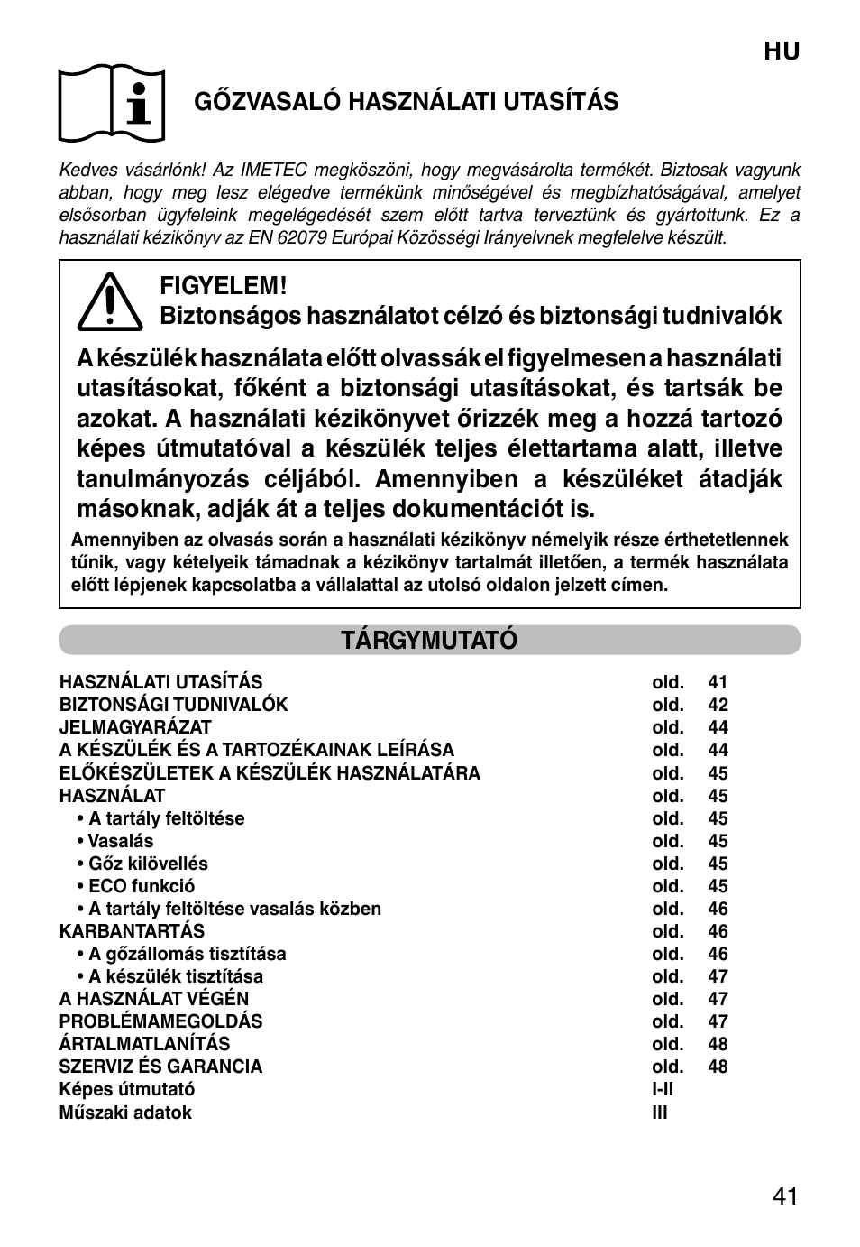 Hu 41 gőzvasaló használati utasítás, Tárgymutató | Imetec NO-STOP PROFESSIONAL ECO User Manual | Page 43 / 74